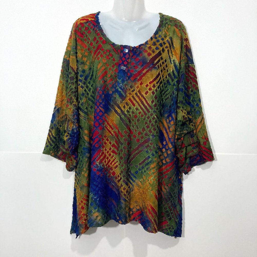 Calesas Patchwork Tunic 3/4 Draped Sleeves Boho Side pockets Button Size 1X